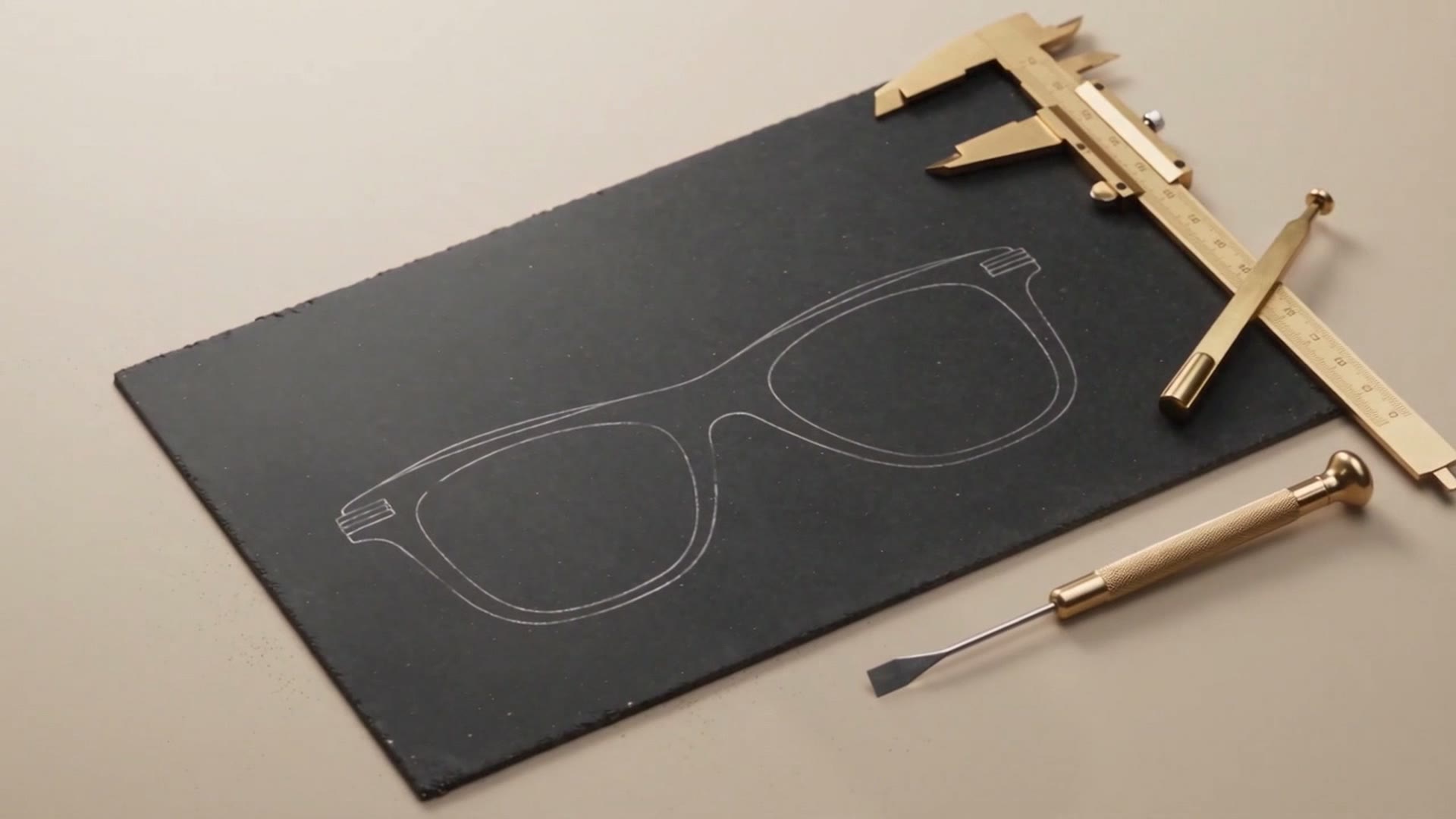 Il contorno di una montatura disegnato a gesso su una lastra scura, accanto a un calibro di ottone